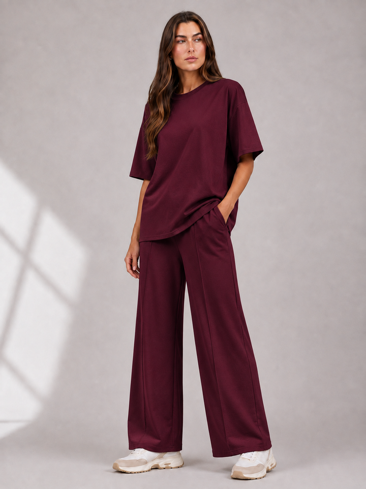 Wine Two Piece Co-Ord Set Oversize Top with Seam Detail Wide Leg Trousers