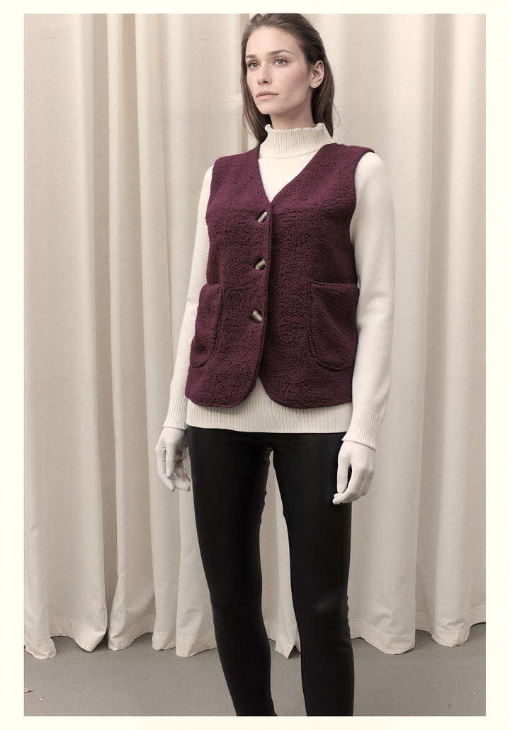 Wine Wool Blend Borg Button Waistcoat