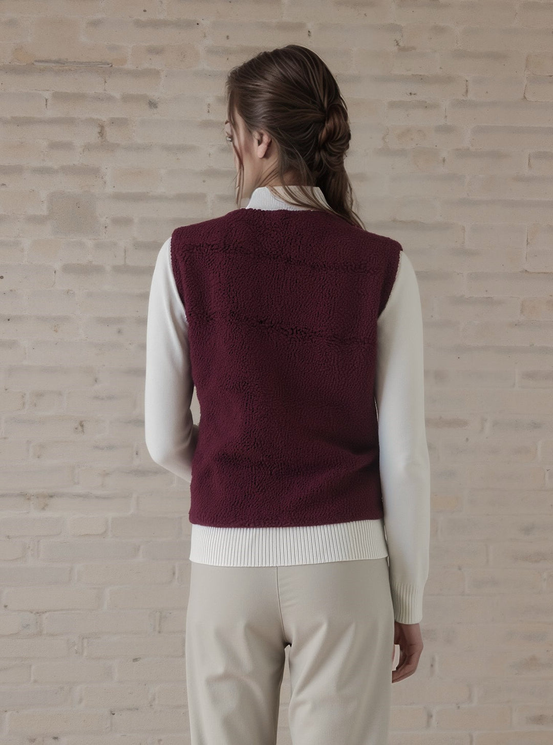 Wine Wool Blend Borg Button Waistcoat