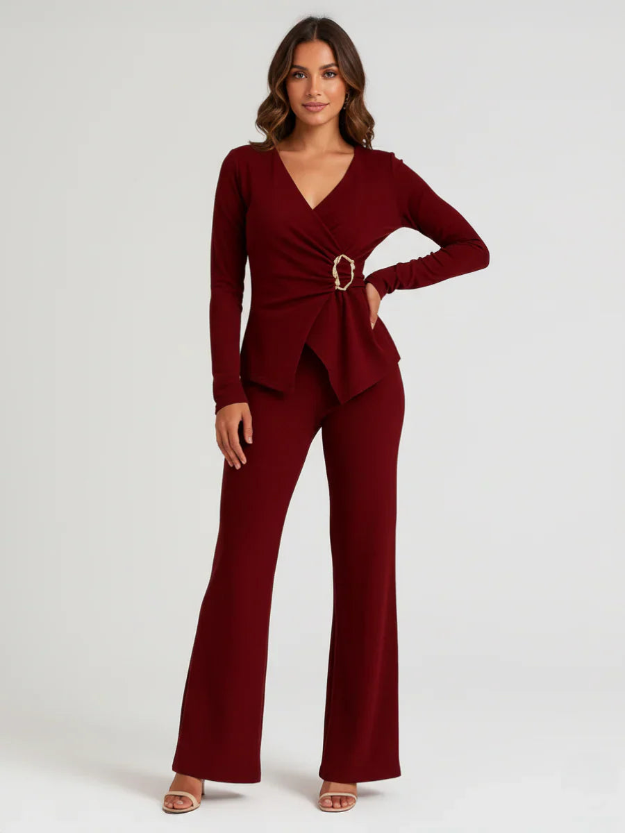 Wine Wrap V-Neck Top with Buckle & Wide Leg Pants Co-ord Set