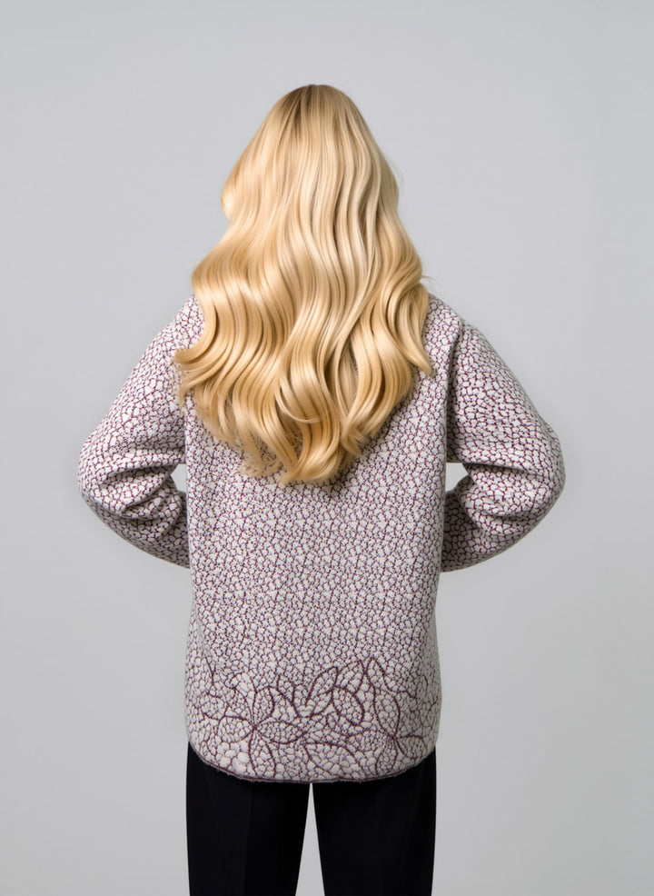 Wine & Cream Floral Jacquard Knit Button Premium Heavy Cardigan