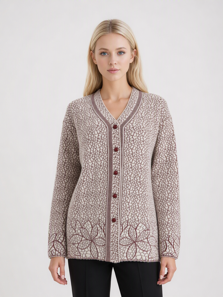 Wine & Cream Floral Jacquard Knit Button Premium Heavy Cardigan