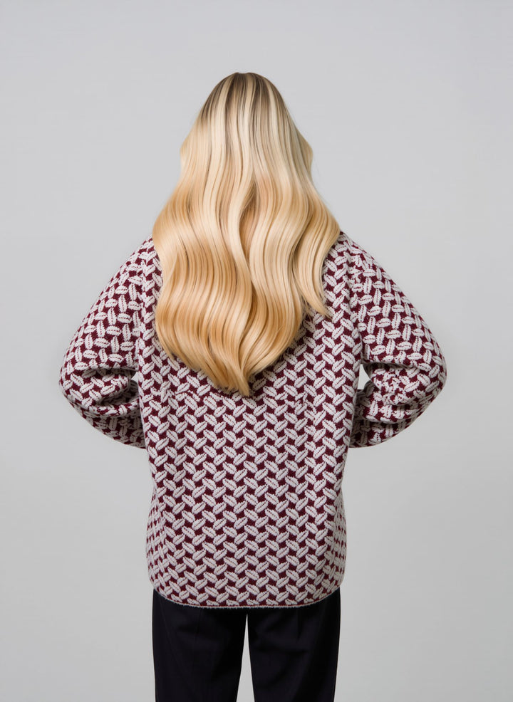 Wine & Cream Jacquard Knit Button-Up Premium Heavy Cardigan