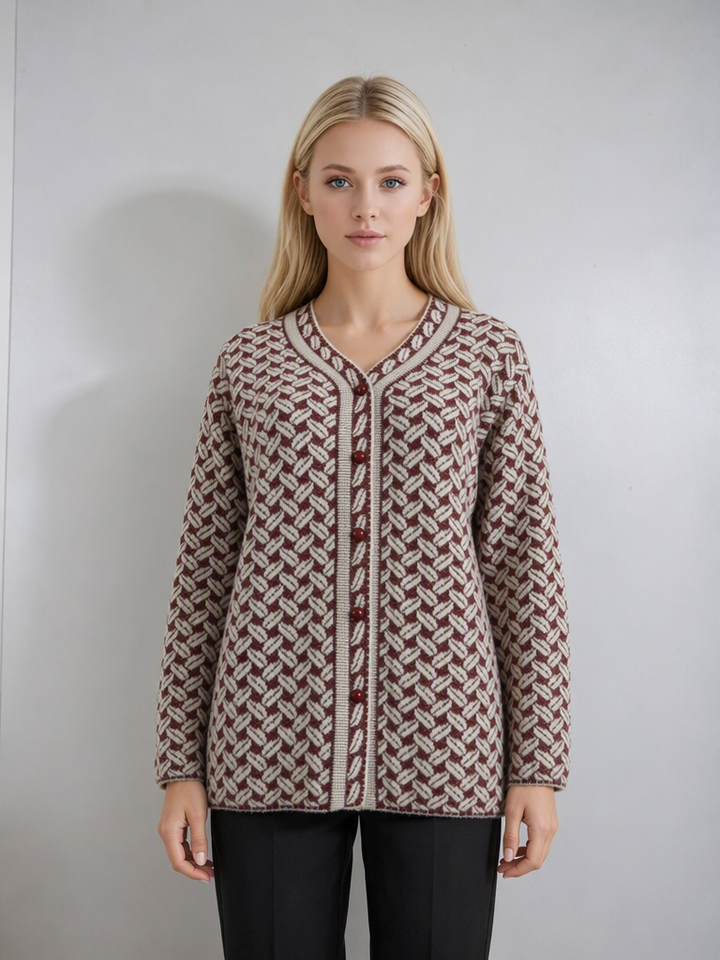 Wine & Cream Jacquard Knit Button-Up Premium Heavy Cardigan