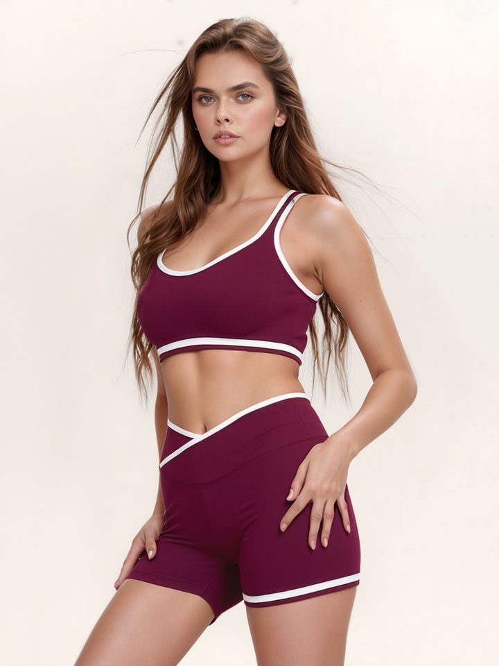 Wine Piping Trim Crop Top & Shorts Gym Set