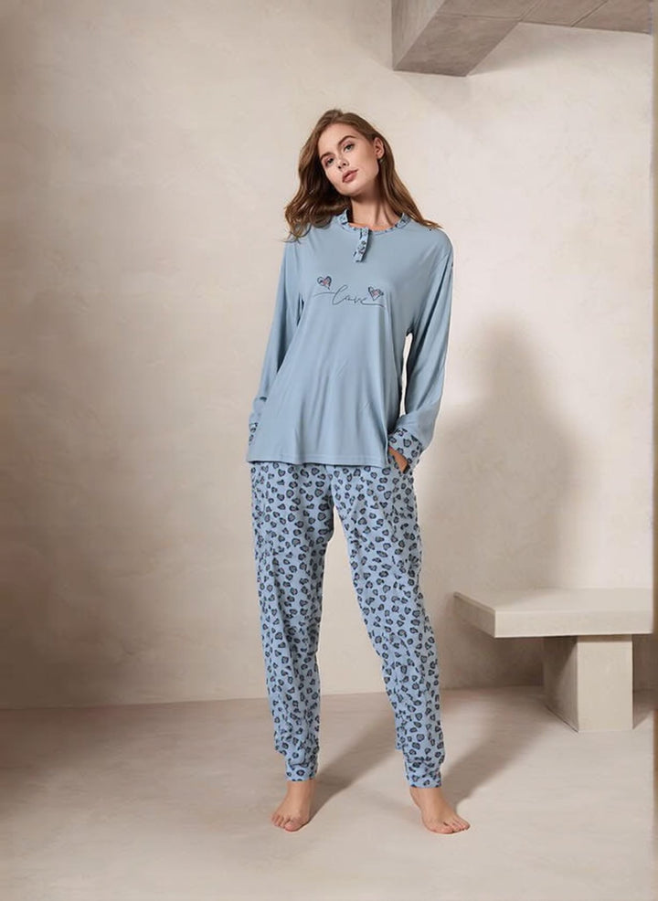 Women’s Blue Heart Print Soft Cotton Pyjamas Set