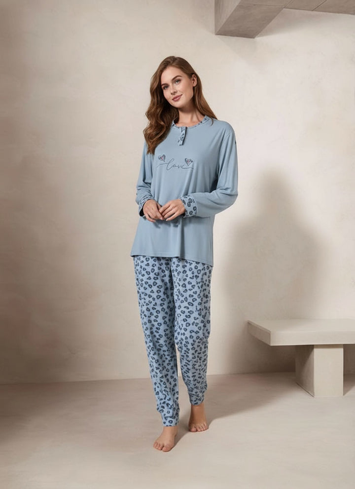 Women wearing blue cotton pyjamas set in Ireland – ladies heart print nightwear