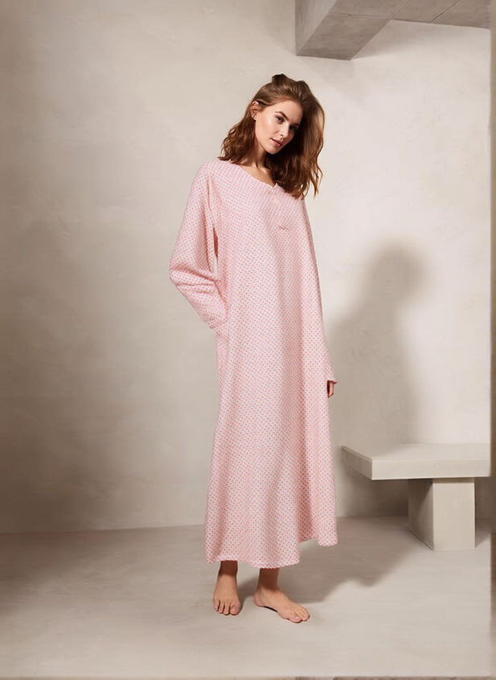 Women's Coral Dotted Pocket Fleeced Night Dress