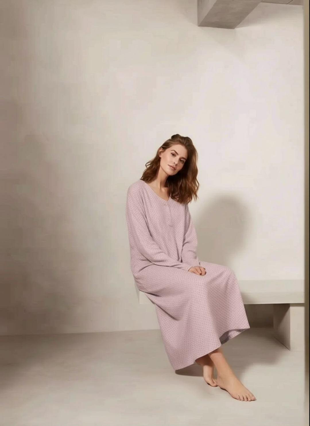 Women's Dusty Pink Dotted Pocket Fleeced Night Dress