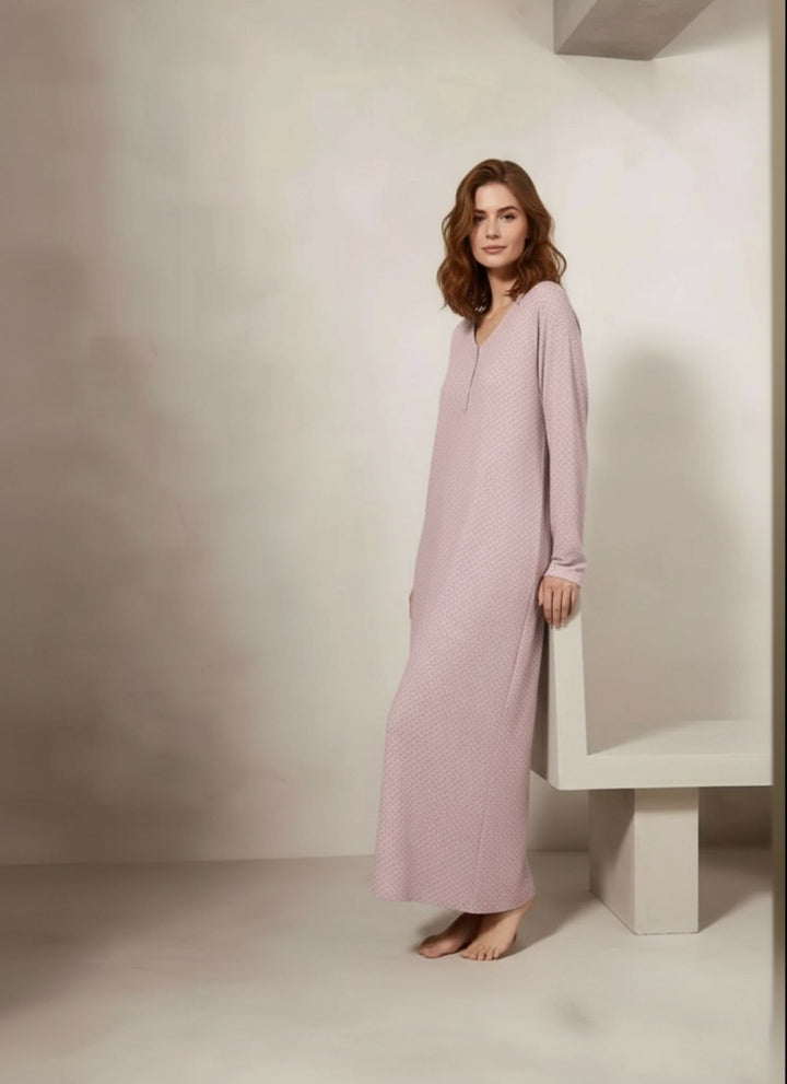 Women's Dusty Pink Dotted Pocket Fleeced Night Dress