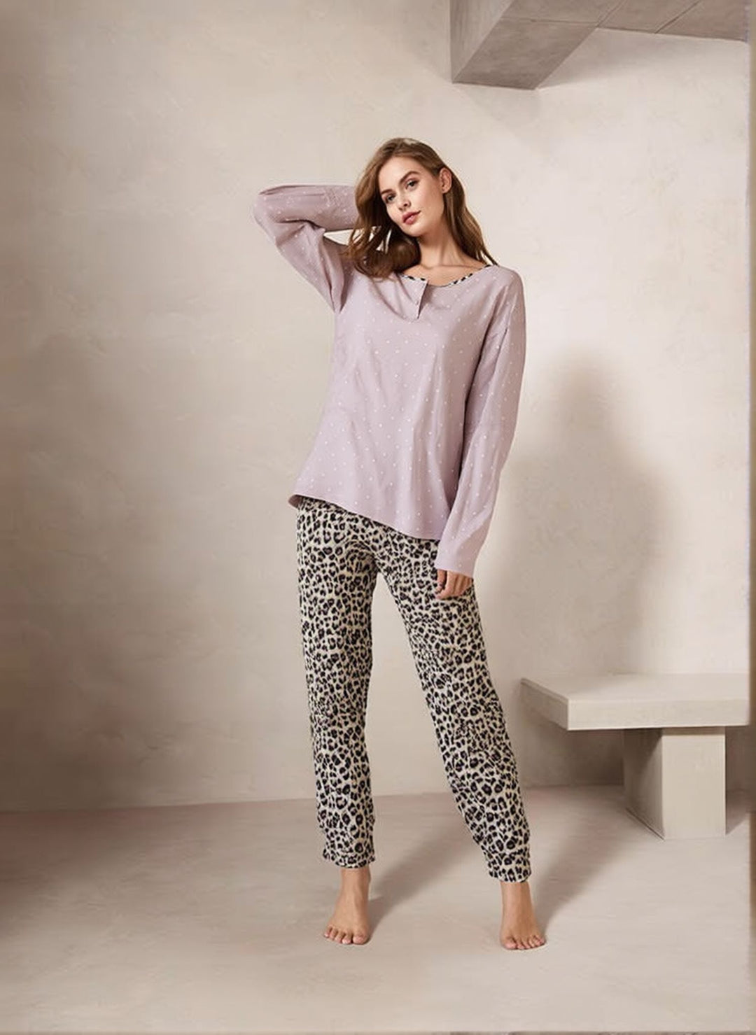 Women’s Dusty Pink Leopard Print Soft Cotton Pyjamas Set Ireland