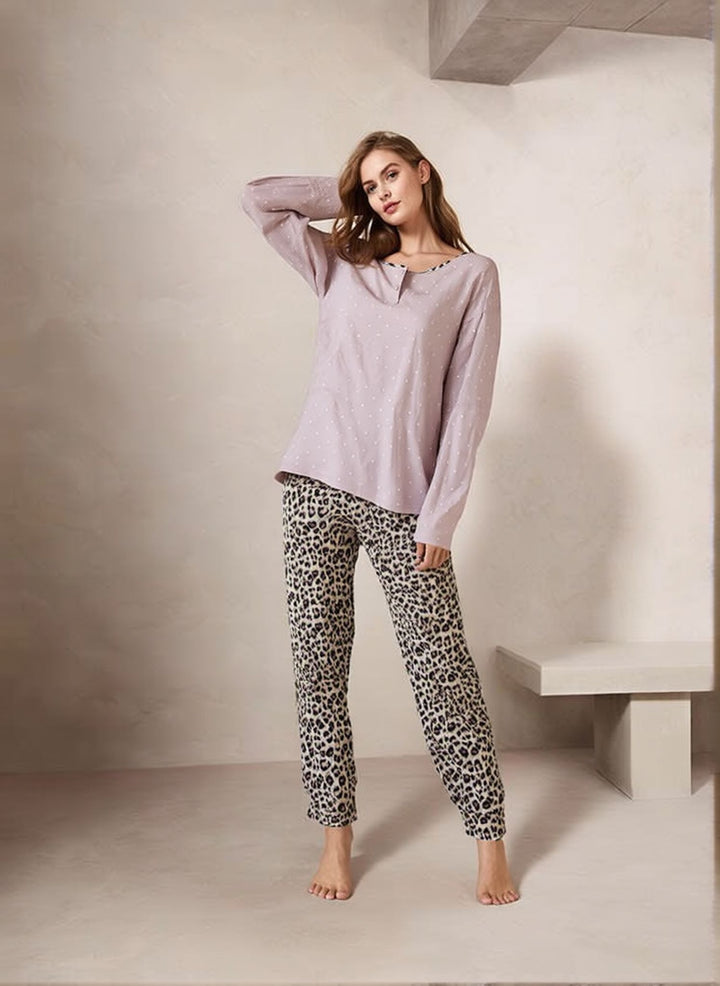 Women’s Dusty Pink Leopard Print Soft Cotton Pyjamas Set Ireland
