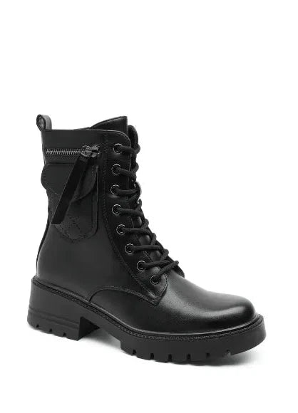 Women's Black Combat Boots with Side Zipper & Pocket