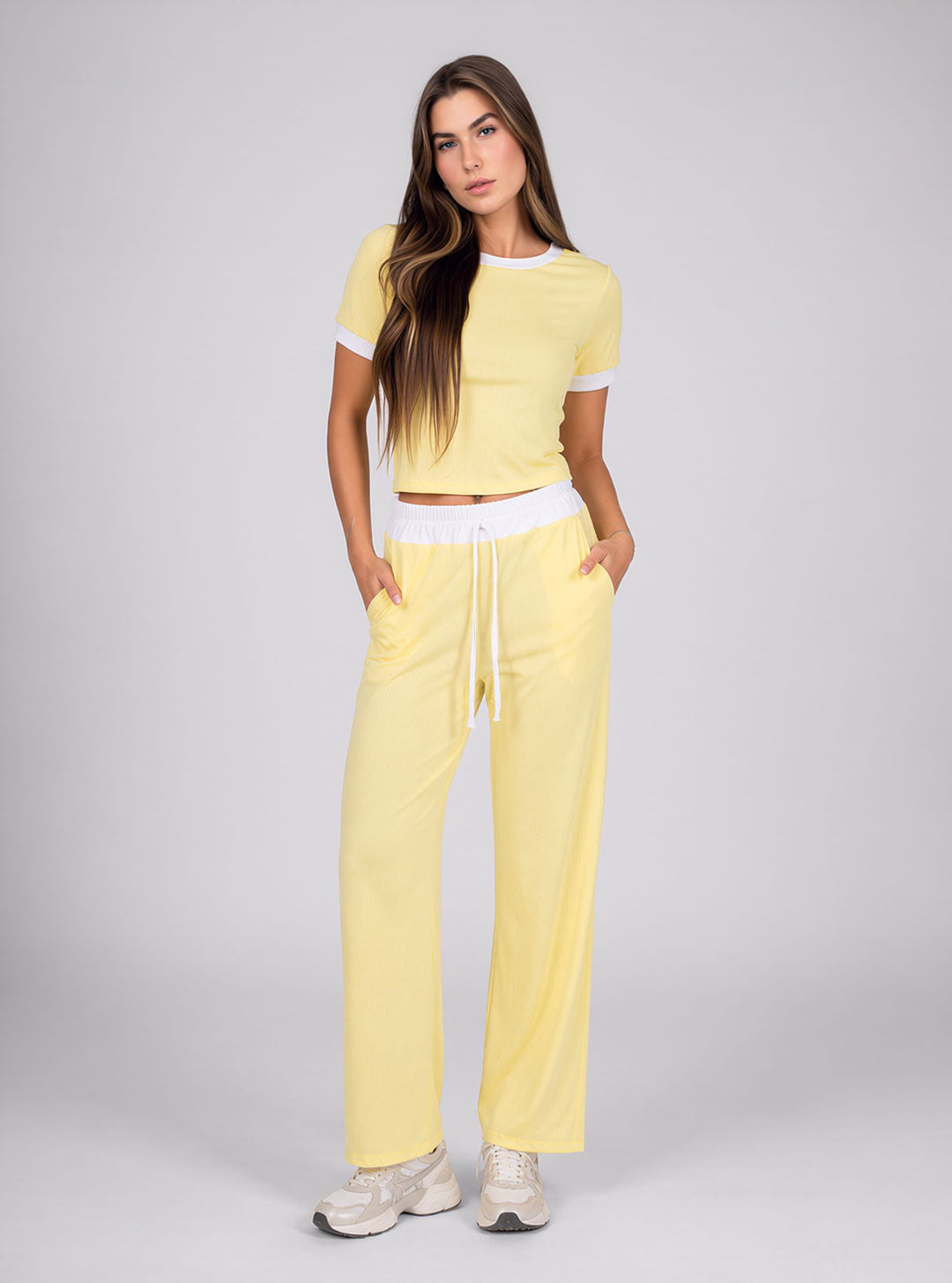 Yellow Contrast Trim Lounge Set with Wide Leg Pants & Cropped T-Shirt Co-ord
