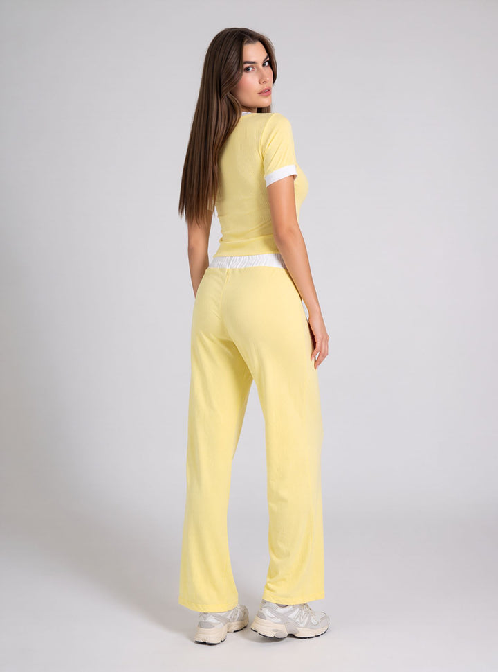Yellow Contrast Trim Lounge Set with Wide Leg Pants & Cropped T-Shirt Co-ord