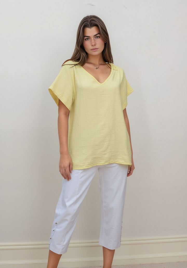 Yellow Cotton V-Neck Top with Crochet Back Detail
