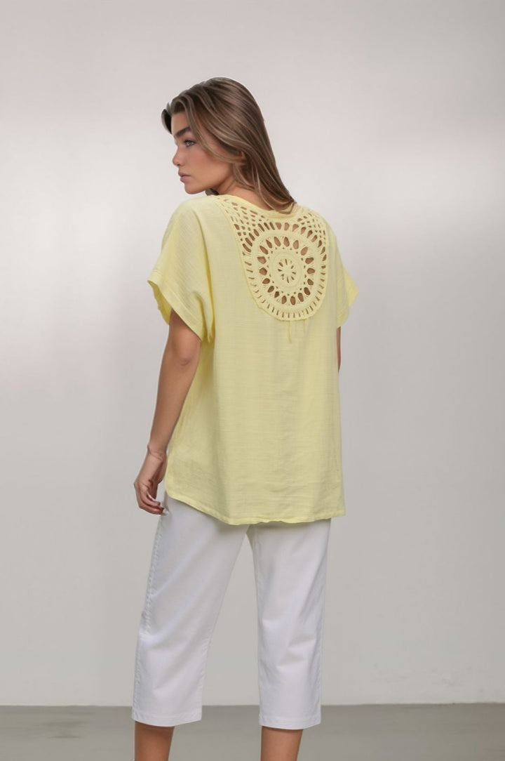 Yellow Cotton V-Neck Top with Crochet Back Detail