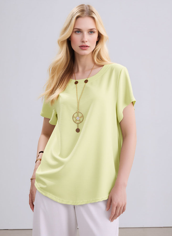 Yellow Crew Neck Casual Short Sleeve Loose Fit Summer Top with Necklace