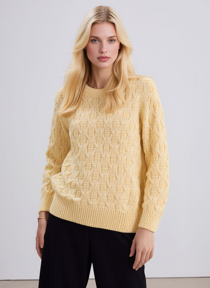 Yellow Diamond Design Aran Style Round Neck Jumper