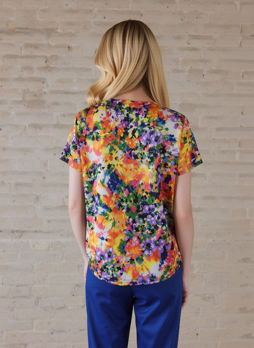 Yellow Floral Print Short Sleeve Summer Lightweight Blouse Top with Necklace