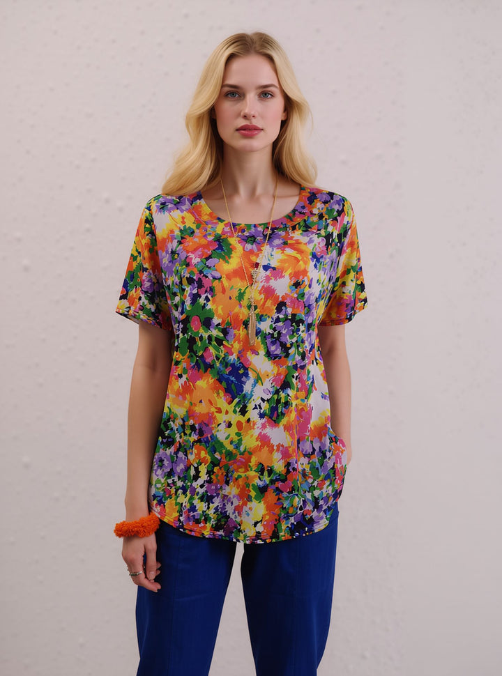 Yellow Floral Print Short Sleeve Summer Lightweight Blouse Top with Necklace