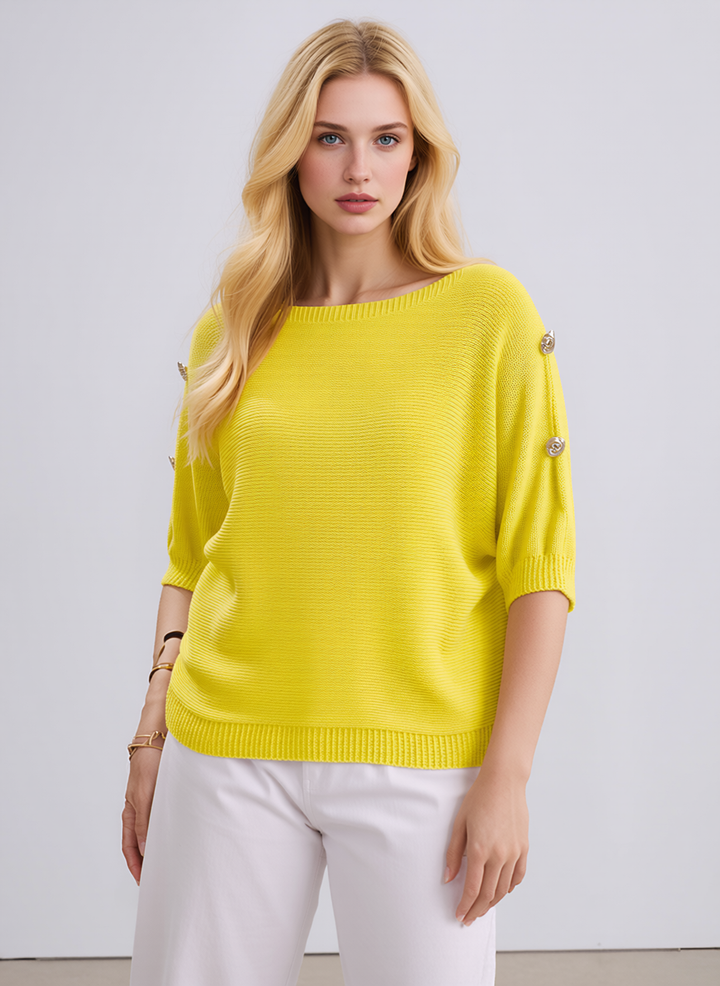 Yellow Knit Top with Button Sleeve Detail