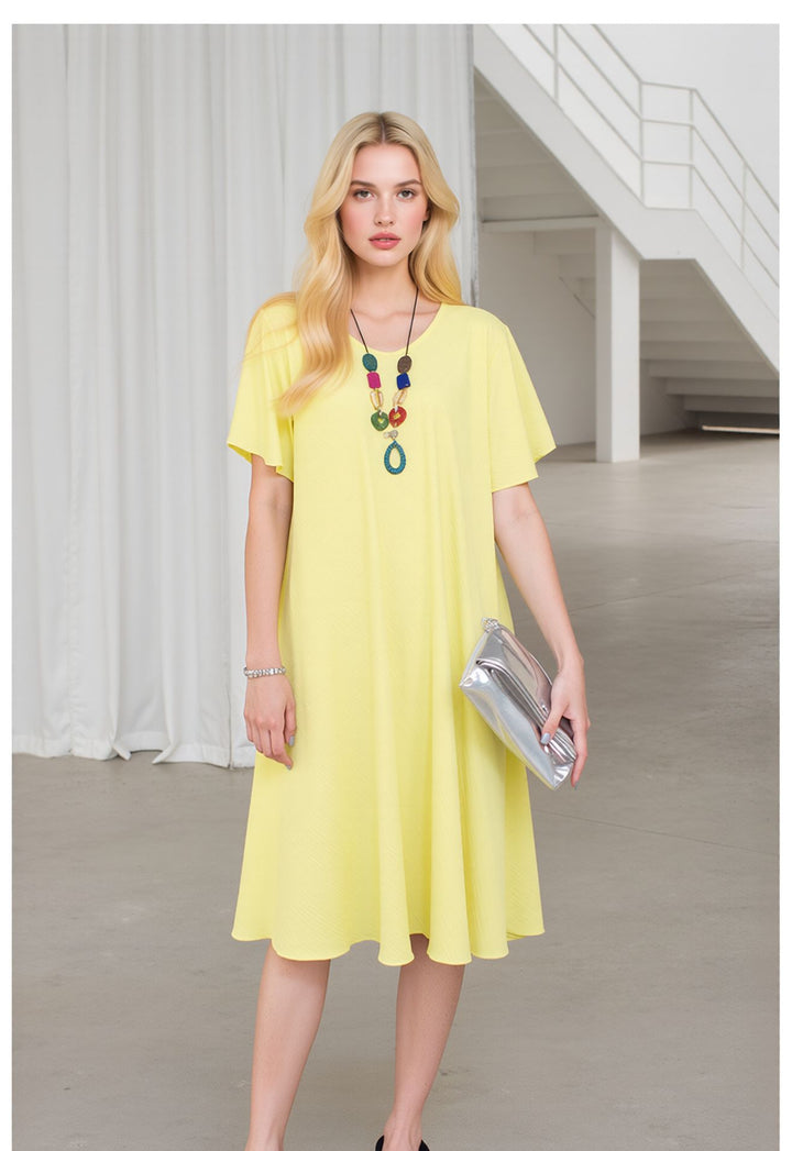 Yellow Midi Dress Loose Fit Short Sleeve Swing Dress with Statement Necklace