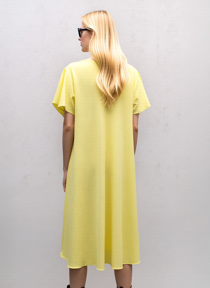 Yellow Midi Dress Loose Fit Short Sleeve Swing Dress with Statement Necklace