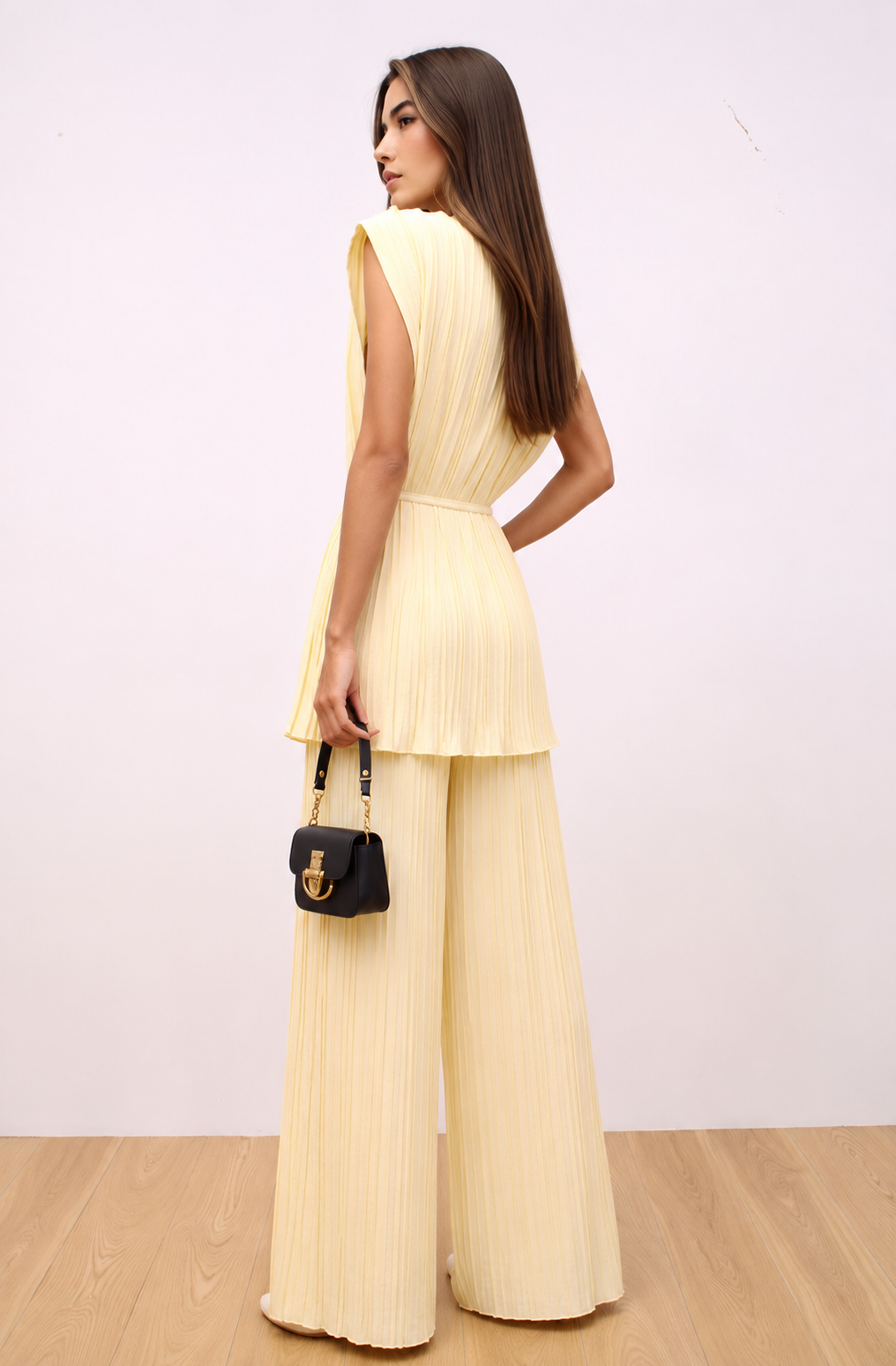Yellow Pleated Wide Leg Co-Ord Set Elegant Relaxed Fit Two Piece Outfit