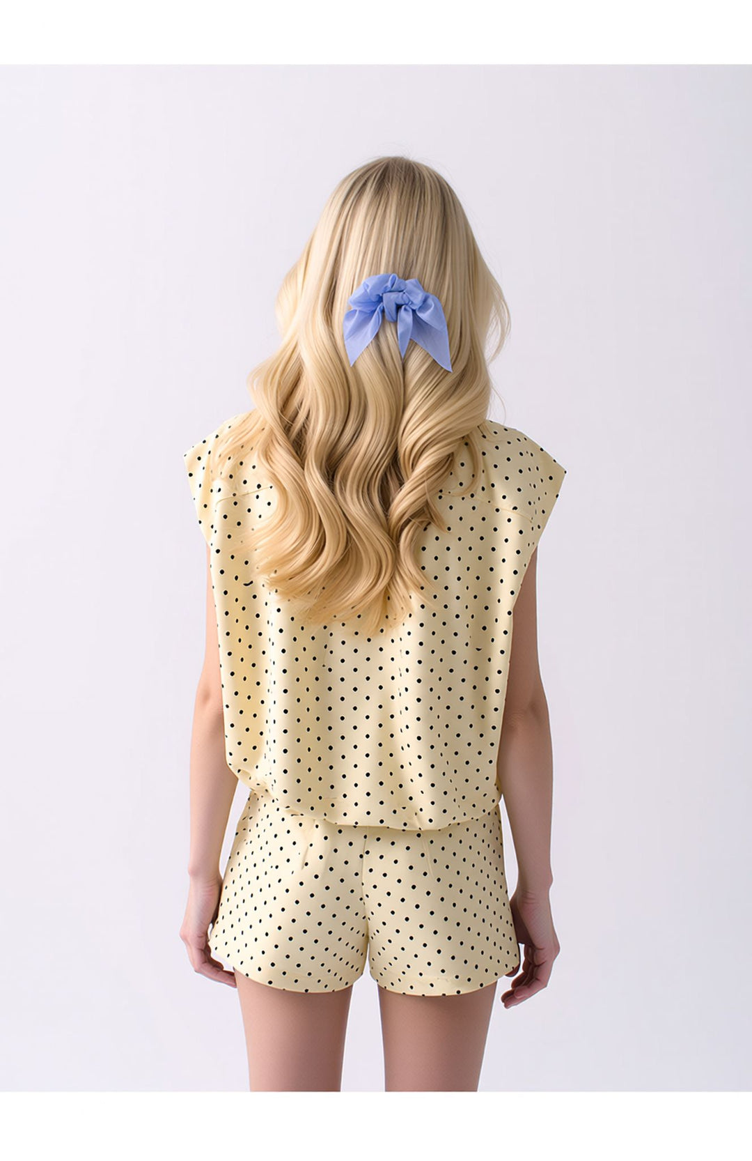 Yellow Polka Dot Co-Ord Set Sleeveless Zip Front Top & Shorts Two Piece