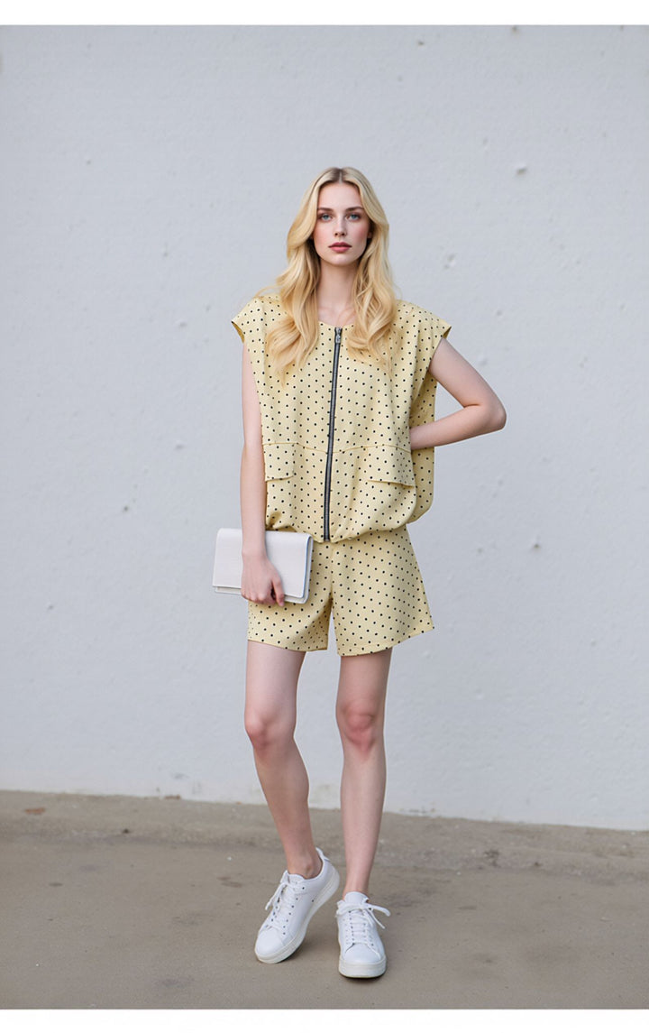Yellow Polka Dot Co-Ord Set Sleeveless Zip Front Top & Shorts Two Piece