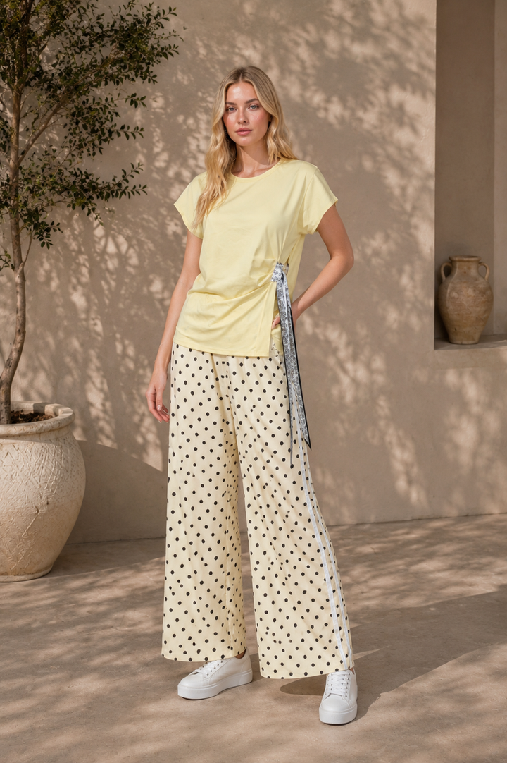 Yellow Polka Dot Wide Leg With Side Stripe Trousers