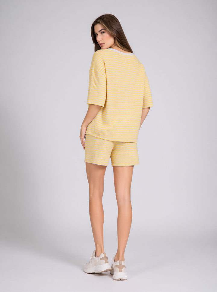 Yellow Striped Co-Ord Shorts Set with Oversized Top