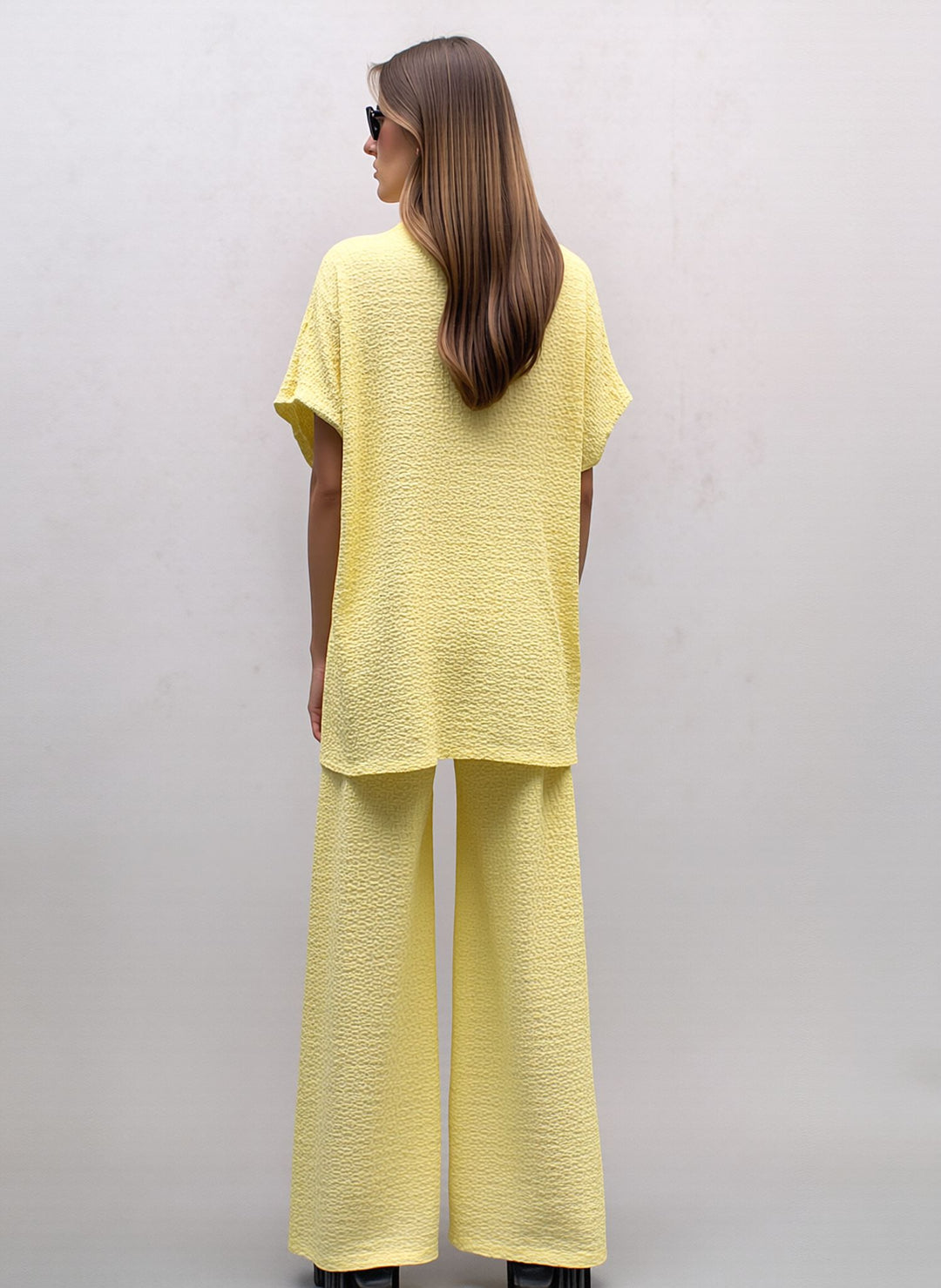 Yellow Textured Two Piece Co-Ord Set Relaxed Fit Overlay Top & Wide Leg Trousers