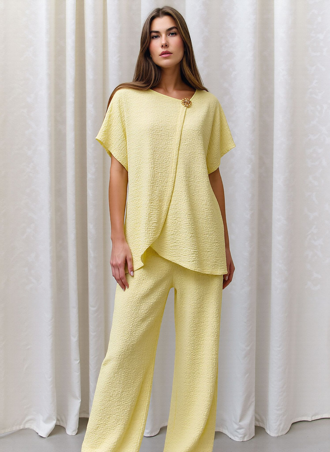 Yellow Textured Two Piece Co-Ord Set Relaxed Fit Overlay Top & Wide Leg Trousers