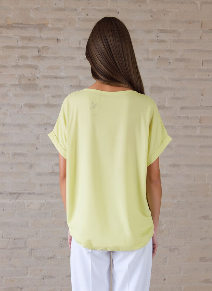Yellow V-Neck Batwing Top with Pendant Necklace Elegant Loose Fit Short Sleeve Blouse