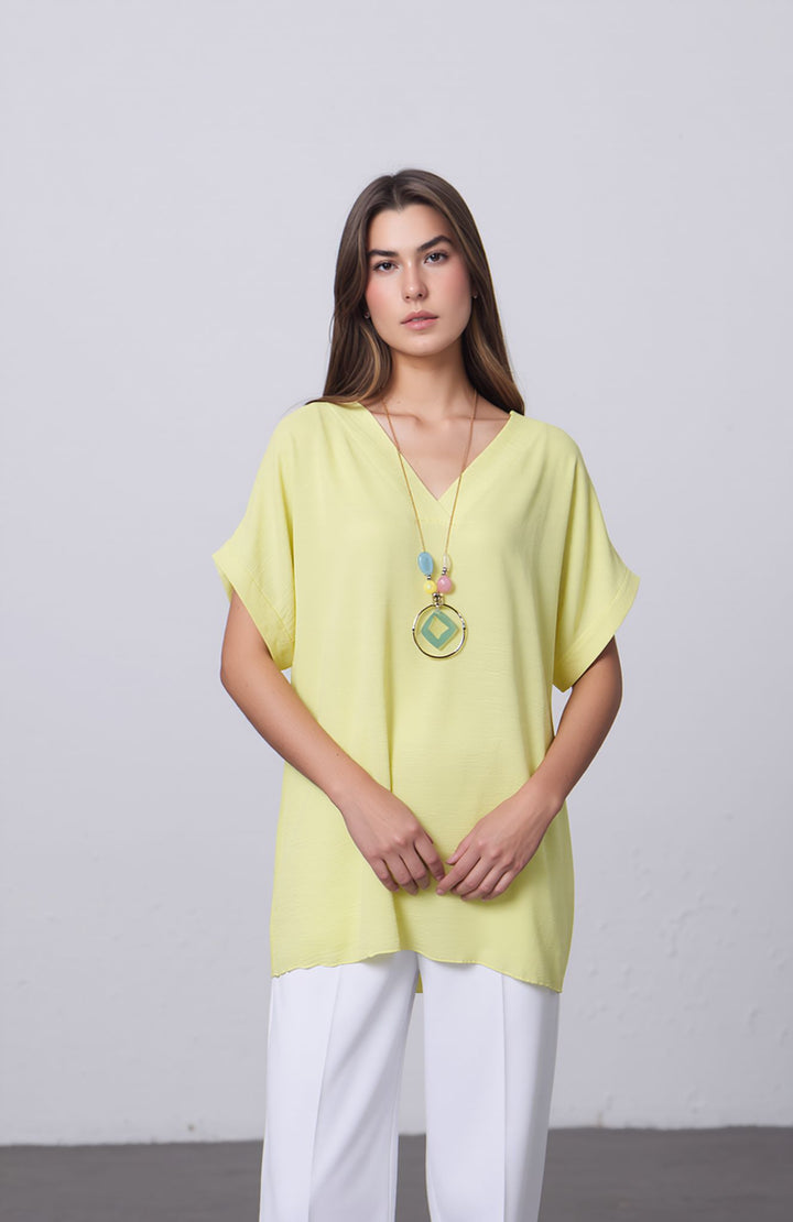 Yellow V-Neck Batwing Top with Pendant Necklace Elegant Loose Fit Short Sleeve Blouse