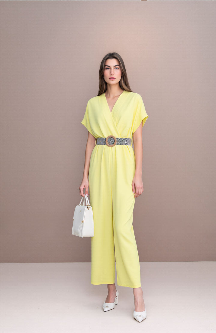Yellow V-Neck Wide Leg Jumpsuit with Belt
