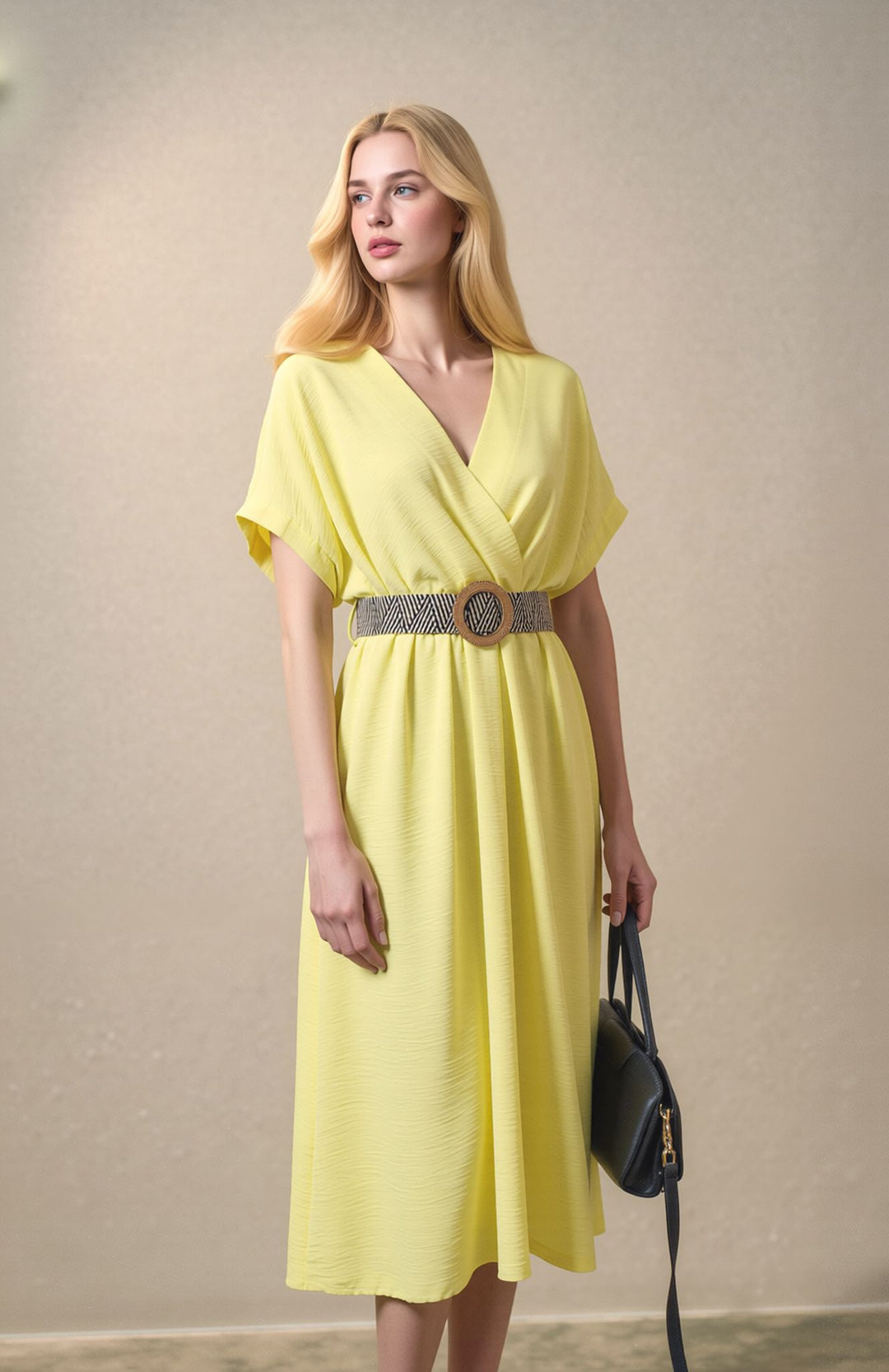 Yellow Wrap Midi Dress Elegant Summer Occasion Dress with Belt