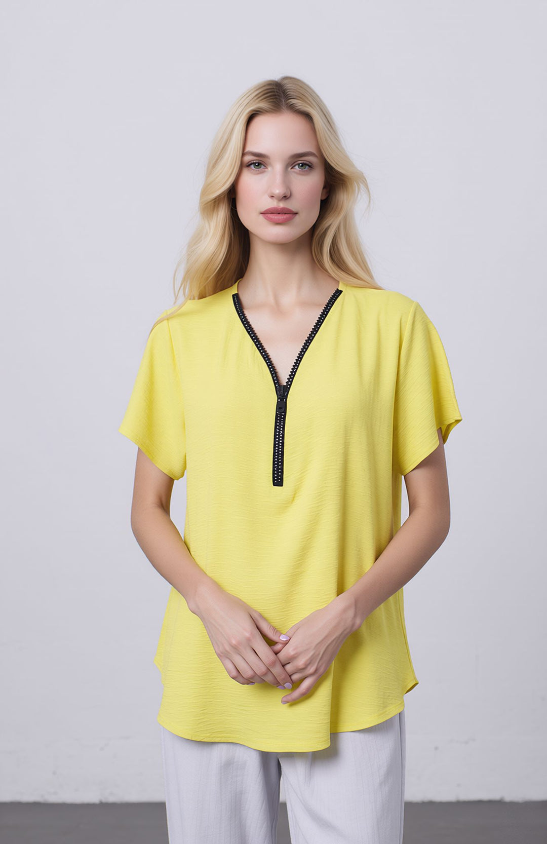 Yellow Zip Front V-Neck Loose Fit Blouse Top
