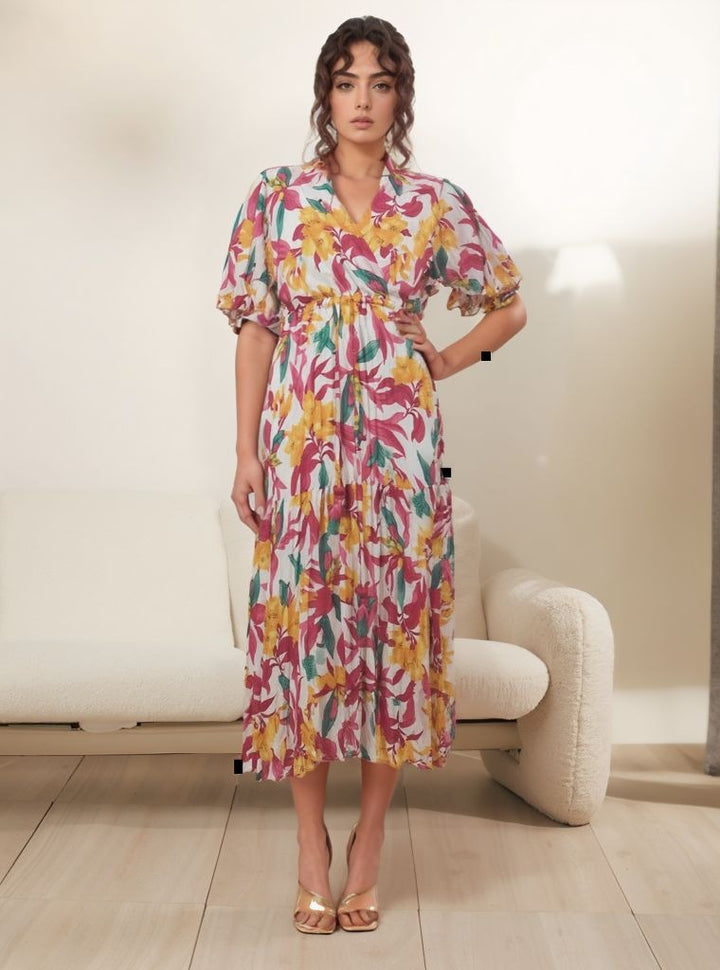 Yellow & Pink Floral Print Midi Dress