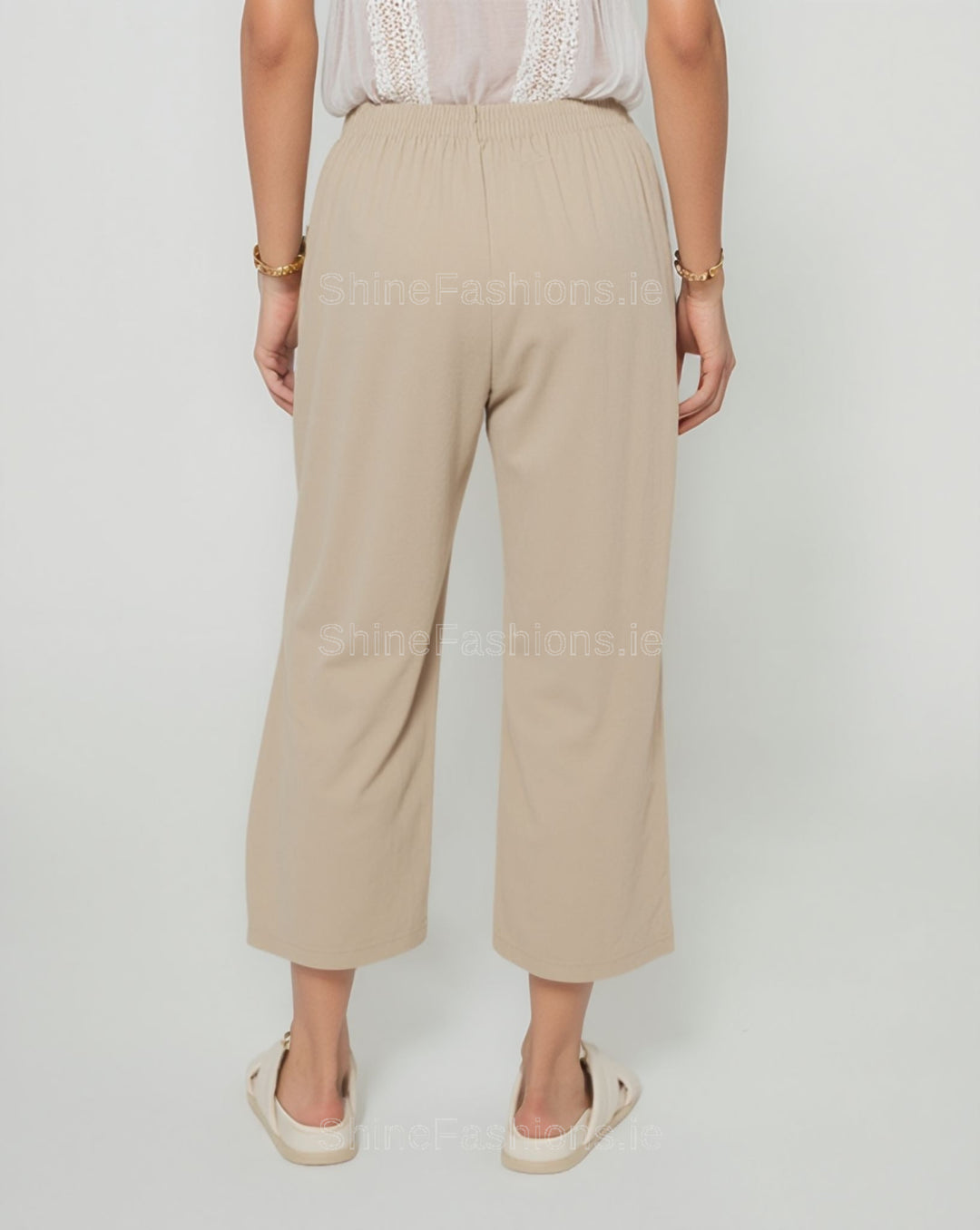Beige Cotton Stretch Elasticated Waist Cropped Trouser