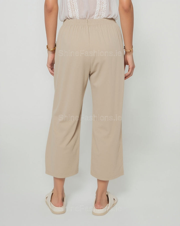 Beige Cotton Stretch Elasticated Waist Cropped Trouser