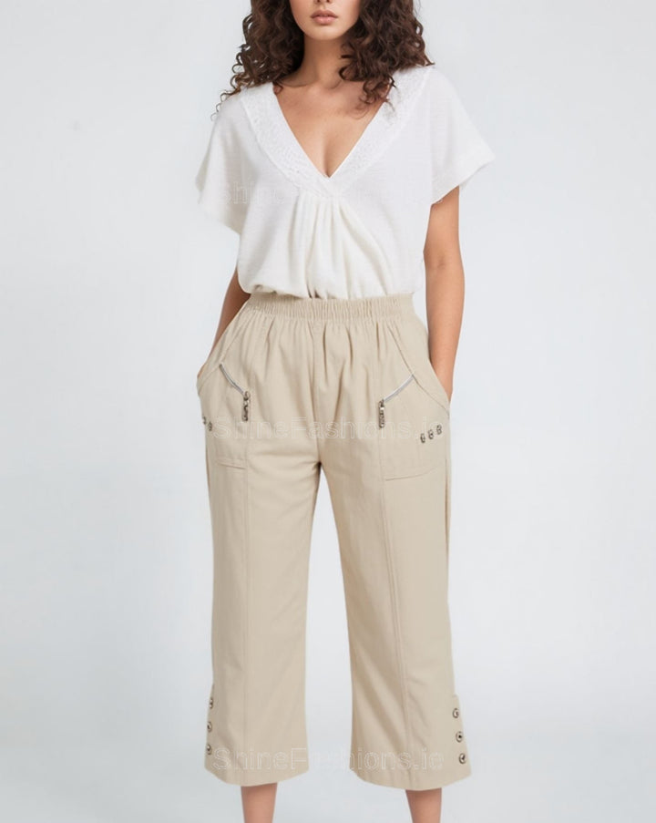 Beige Cotton Stretch Elasticated Waist Cropped Trouser