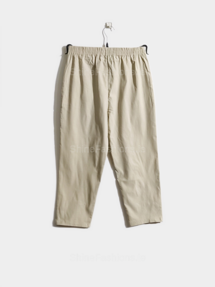 Beige Cotton Stretch Elasticated Waist Cropped Trouser