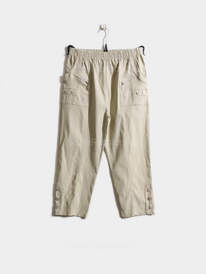 Beige Cotton Stretch Elasticated Waist Cropped Trouser