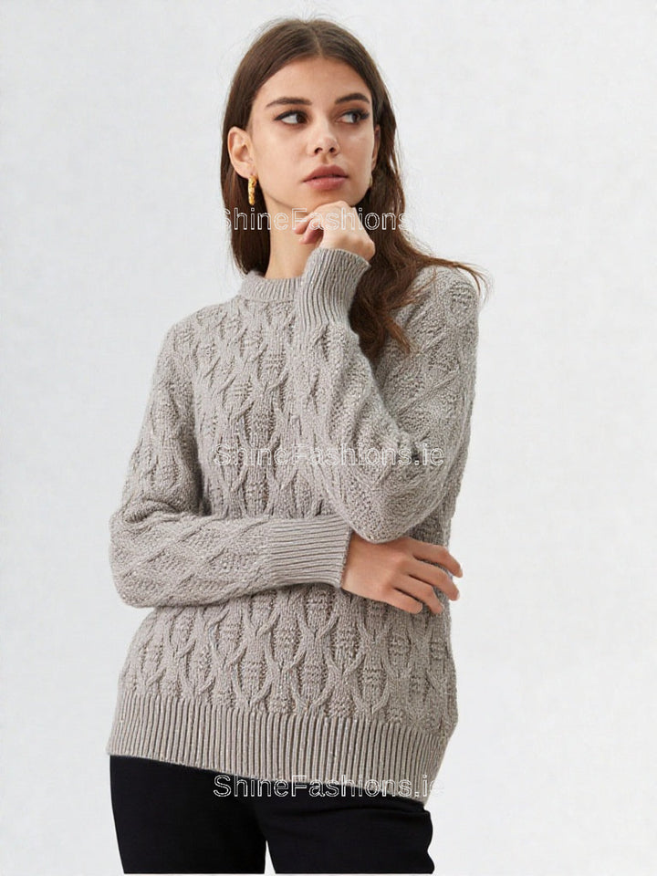Beige Diamond Design Aran Style Round Neck Jumper