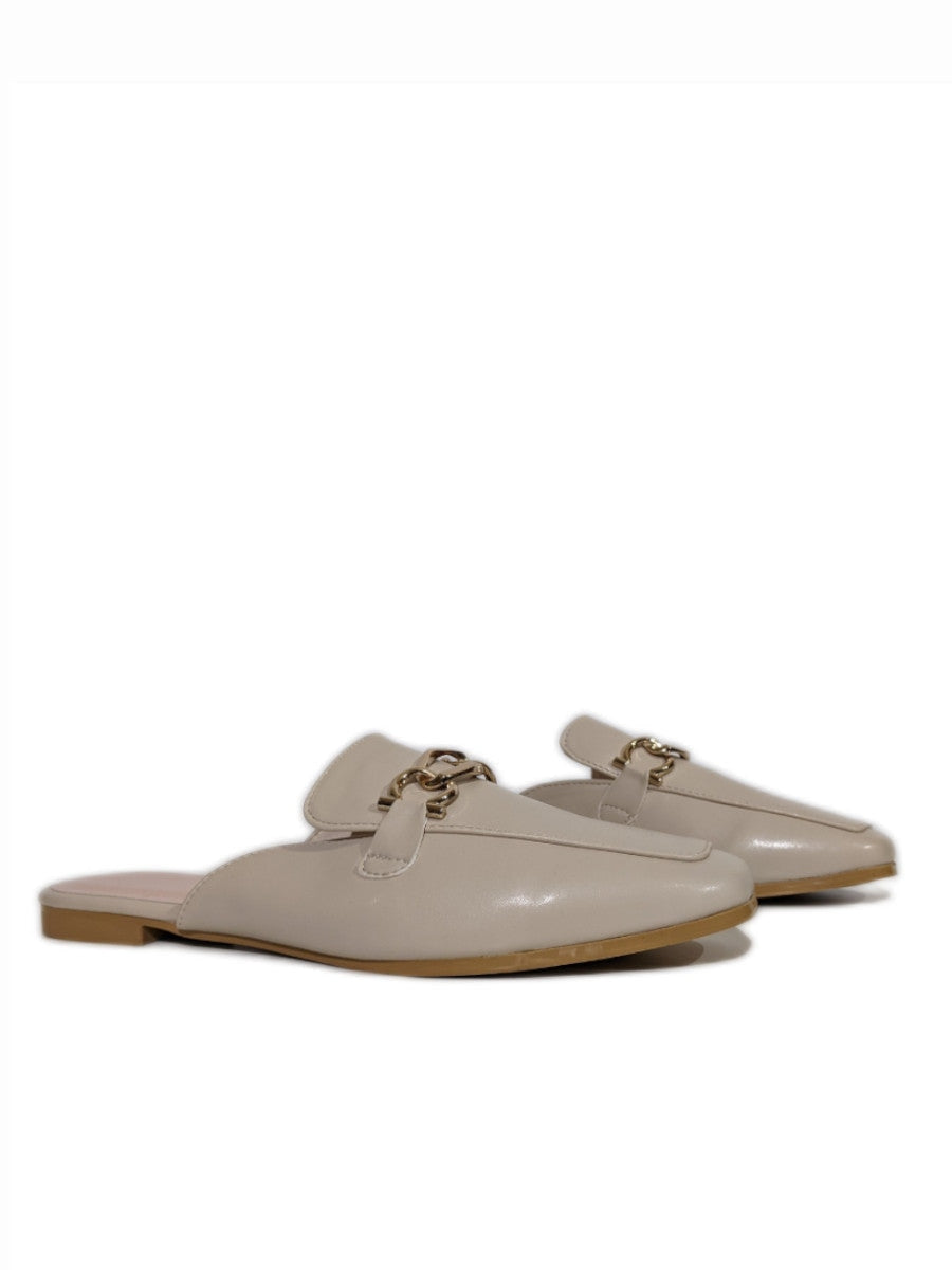 Beige Gold Bucke Flat Mules