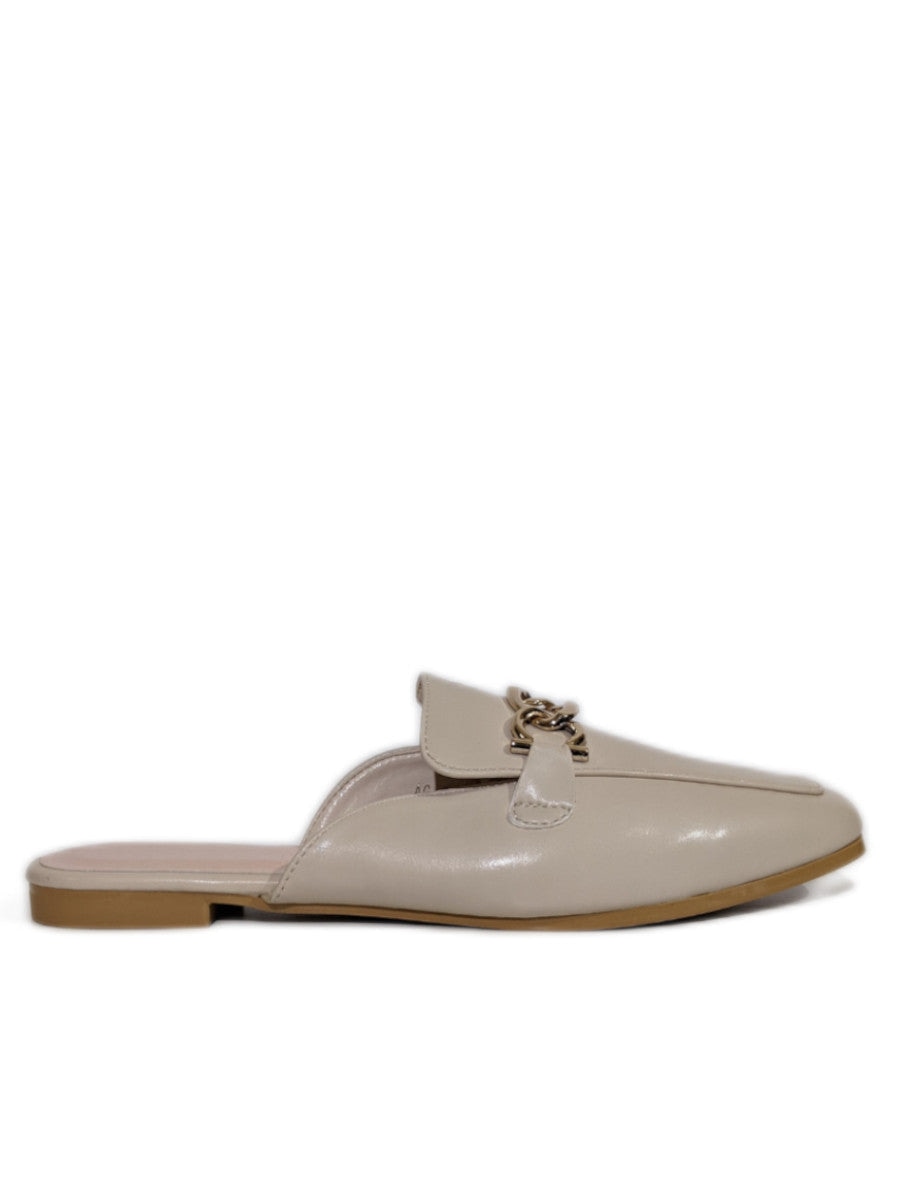 Beige Gold Bucke Flat Mules