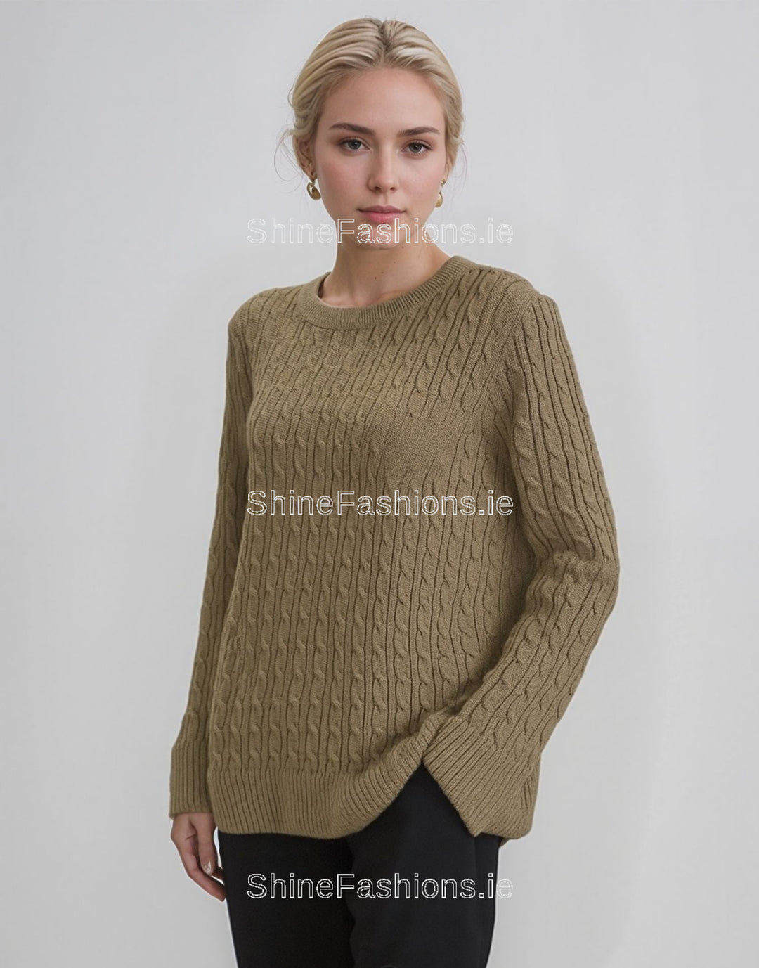 Beige Round Neck Cable Knit Jumper